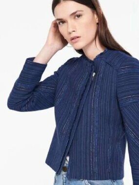 Sandro Blazer 38  Egyptien Blue Blucy Asymmetrical Tweed Fringe Crop Jacket Blue